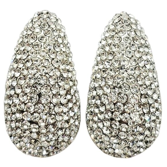 Jarin Silver Tone Clear Rhinestone Pave Clip On Earrings Teardrop Style, Signed - Picture 1 of 11